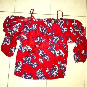 Red blouse with blue flowers - off the shoulder